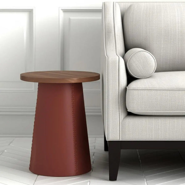 23" Brown Wood and Faux Leather Round Pedestal End Table Homeroots Living Room