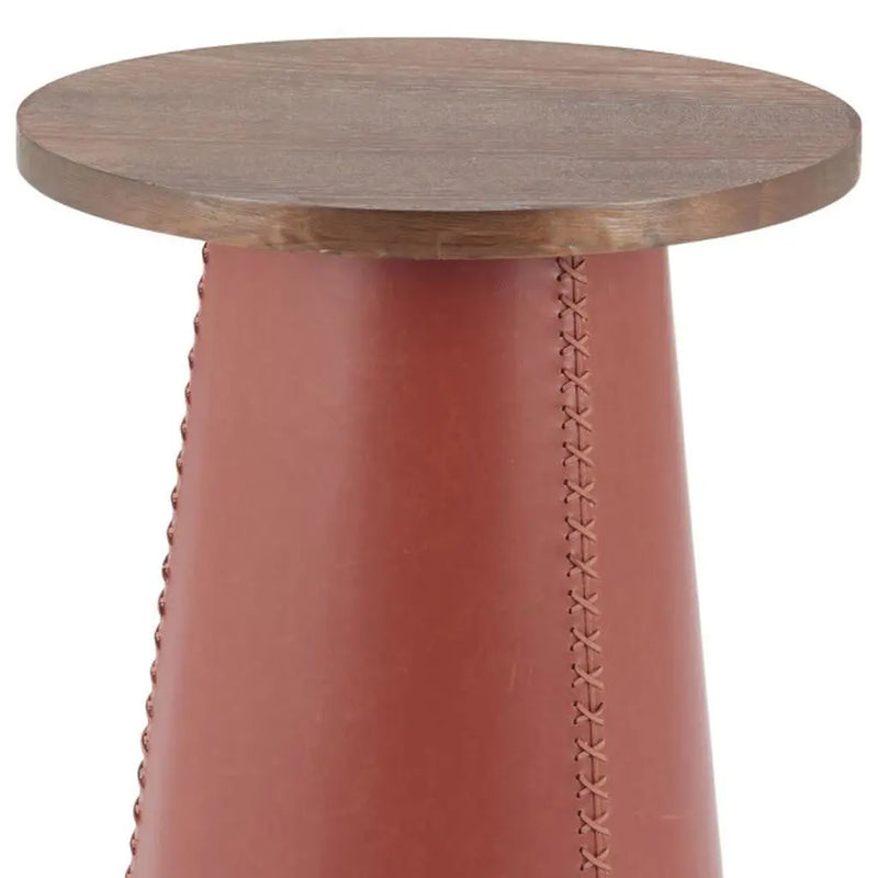 23" Brown Wood and Faux Leather Round Pedestal End Table Homeroots Living Room