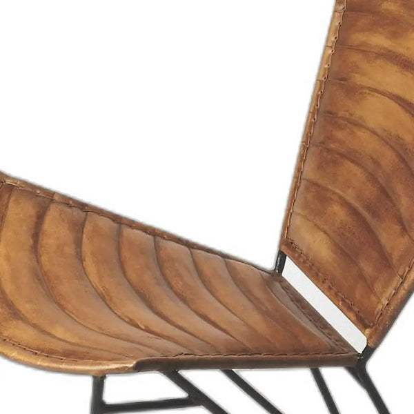 Brown leather lounge chair with a modern industrial design and sleek black metal frame.