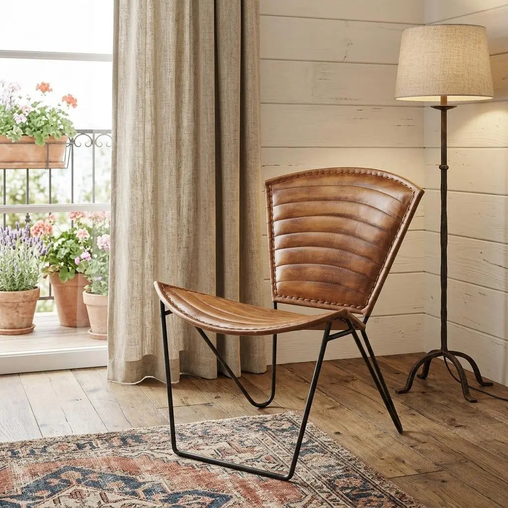 Brown leather accent chair with curved backrest and black metal frame, perfect for rustic or modern decor.