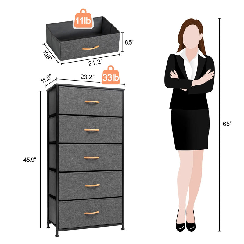 23" Gray and Black Steel and Fabric Five Drawer Chest - GreatEagleInc