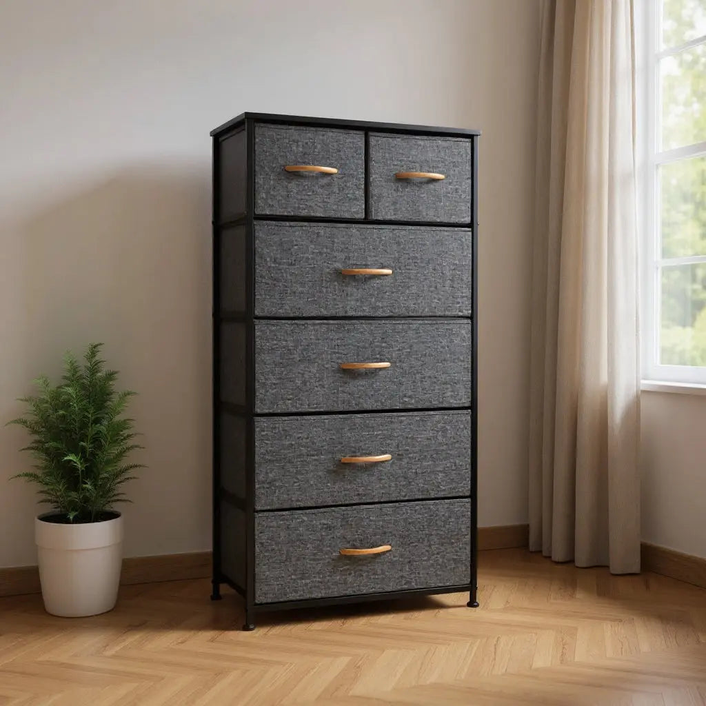 23" Gray and Black Steel and Fabric Six Drawer Chest Homeroots Bed & Bath