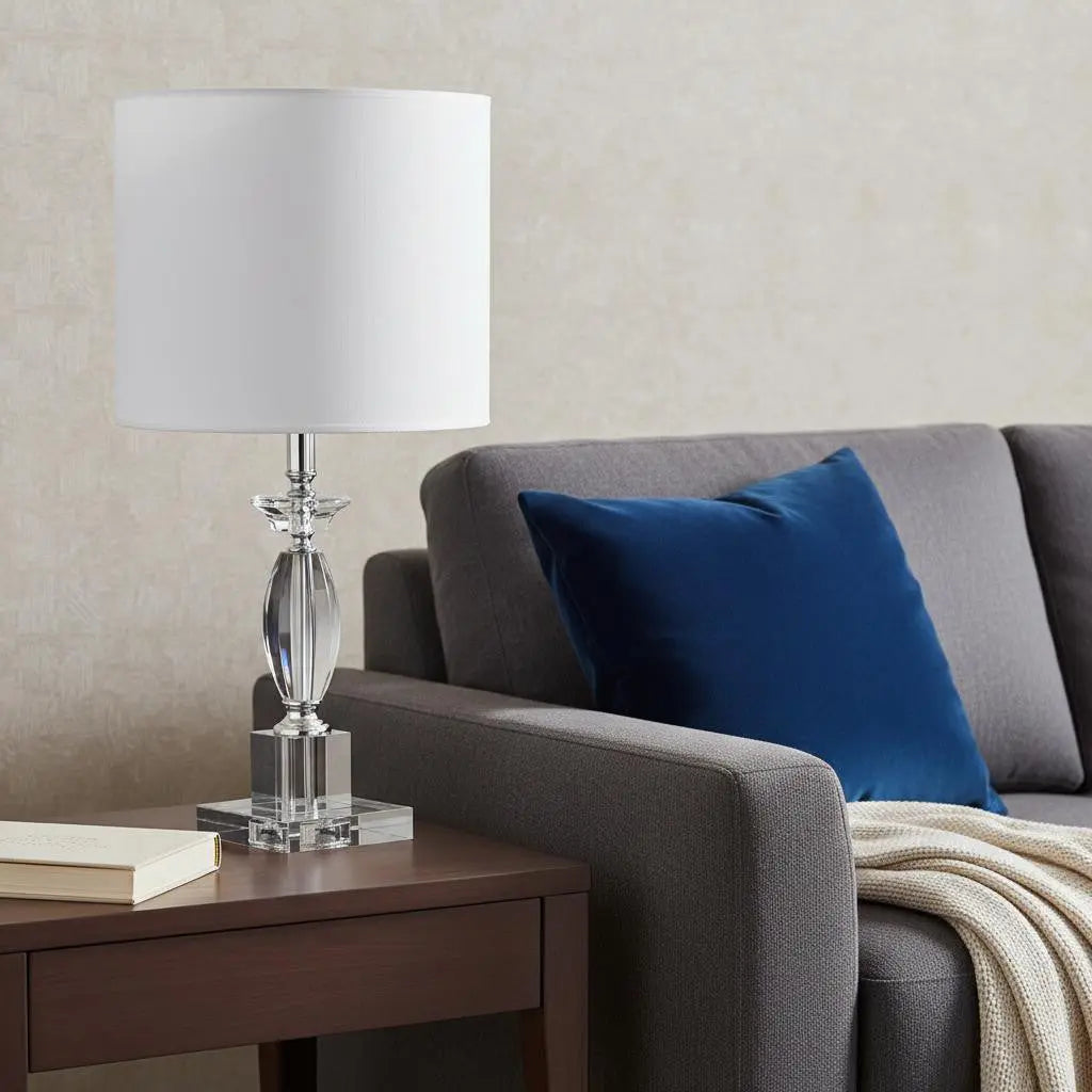 23" Silver Crystal Standard Table Lamp With White Classic Drum Shade Table Lamp Homeroots Lighting