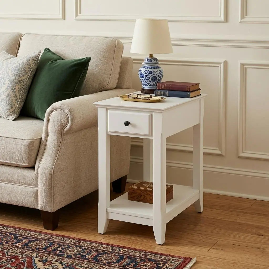 23" White Solid and Manufactured Wood End Table With Drawer And Shelf Homeroots Living Room