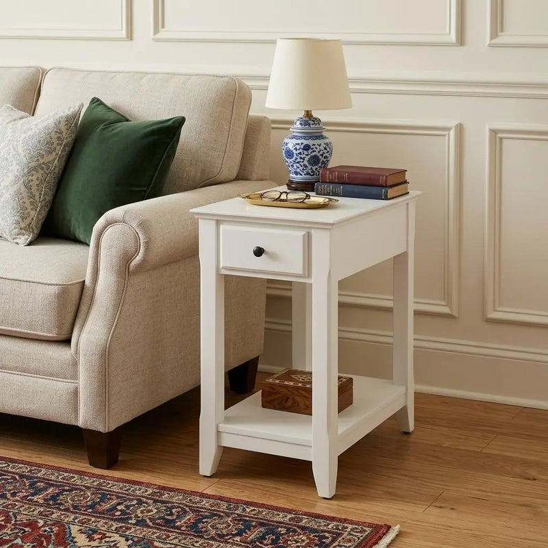 23" White Solid and Manufactured Wood End Table With Drawer And Shelf Homeroots Living Room