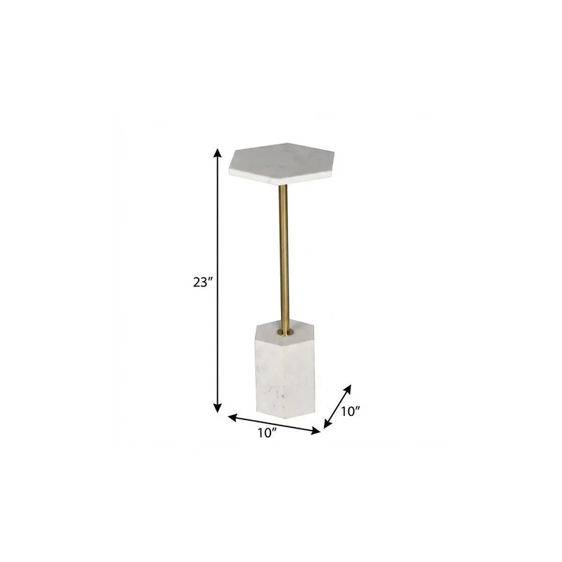 23" White and Gold Marble and Iron Hexagonal Pedestal End Table Homeroots Living Room