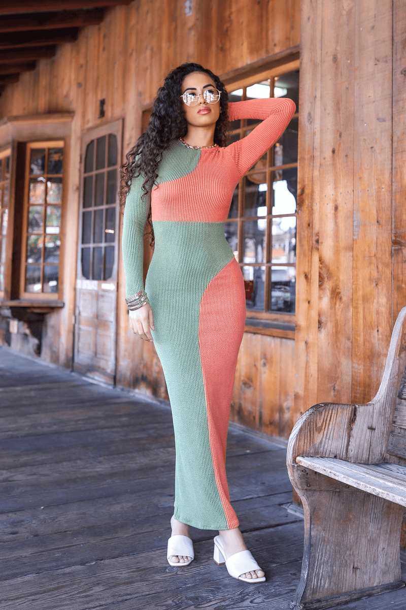 Ribbed color-block bodycon long dress in mint green and coral with long sleeves