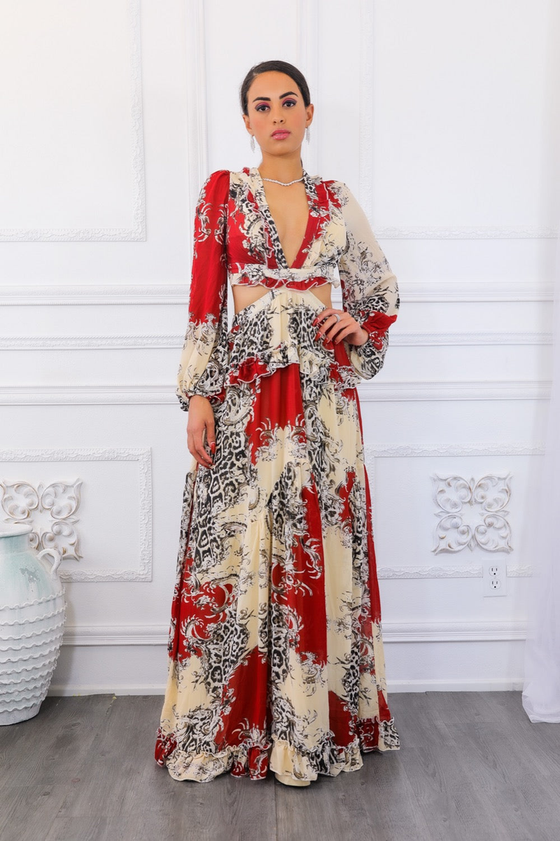 Ruffled maxi dress with lace-up back cutout, long sleeves, red cream black floral print.