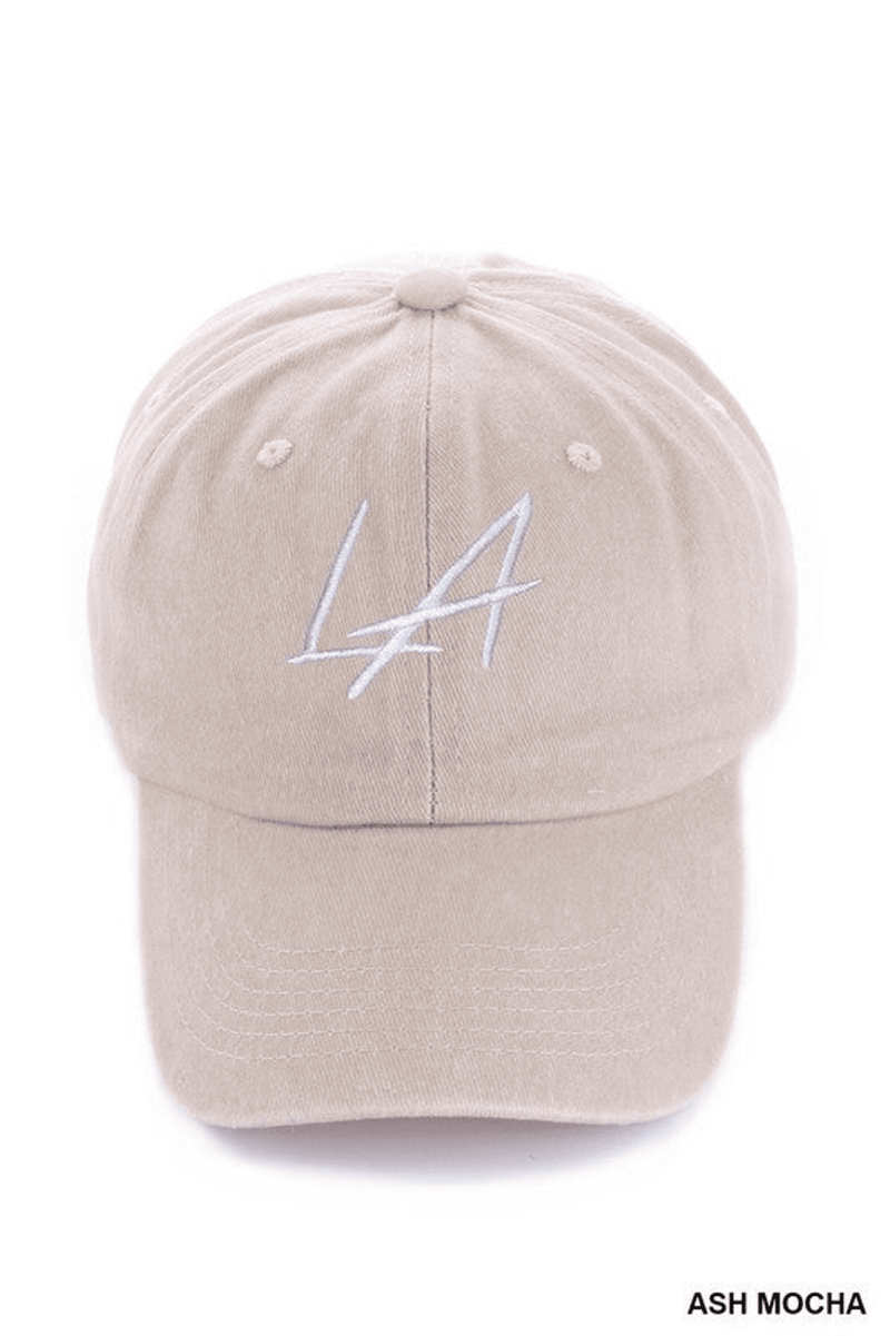 Embroidered vintage washed cap hat in ash mocha with light blue LA logo embroidery