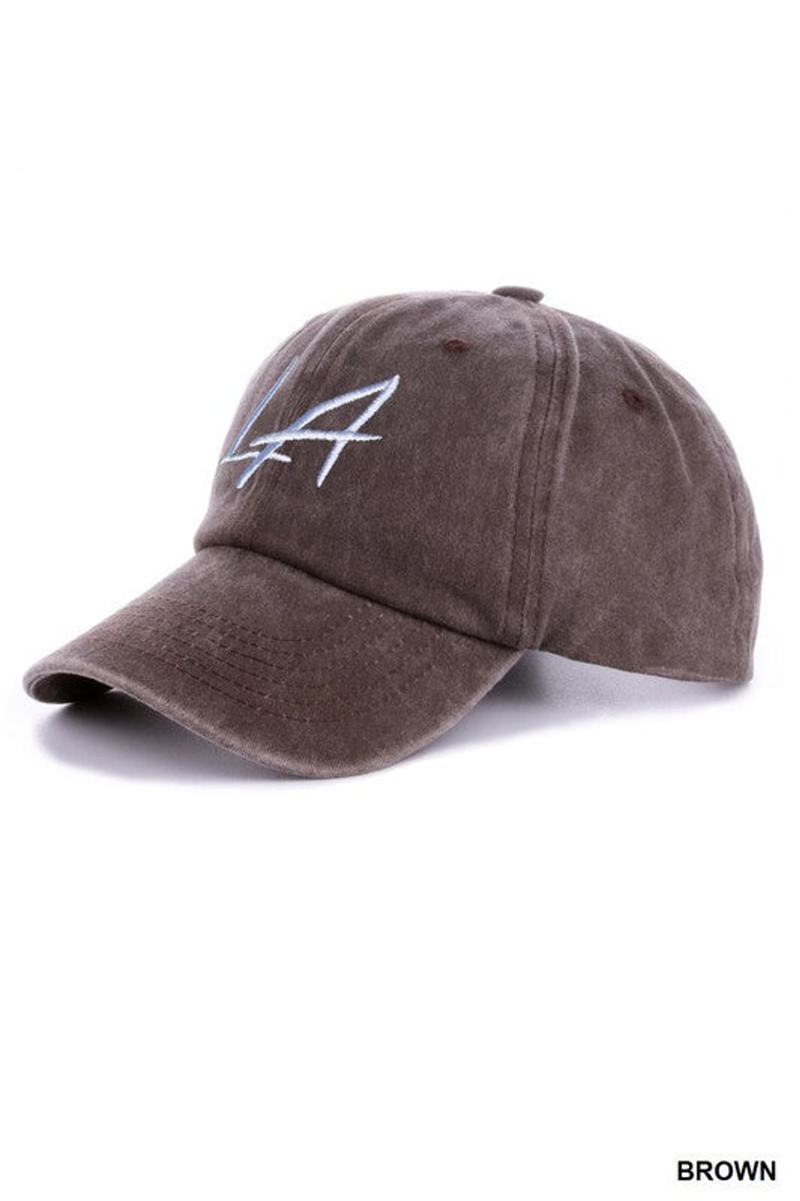 Embroidered vintage washed cap hat in brown with white LA logo embroidery