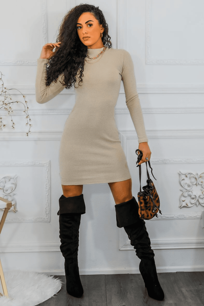 Nude mock neck ribbed mini dress with long sleeves, fitted knit design.