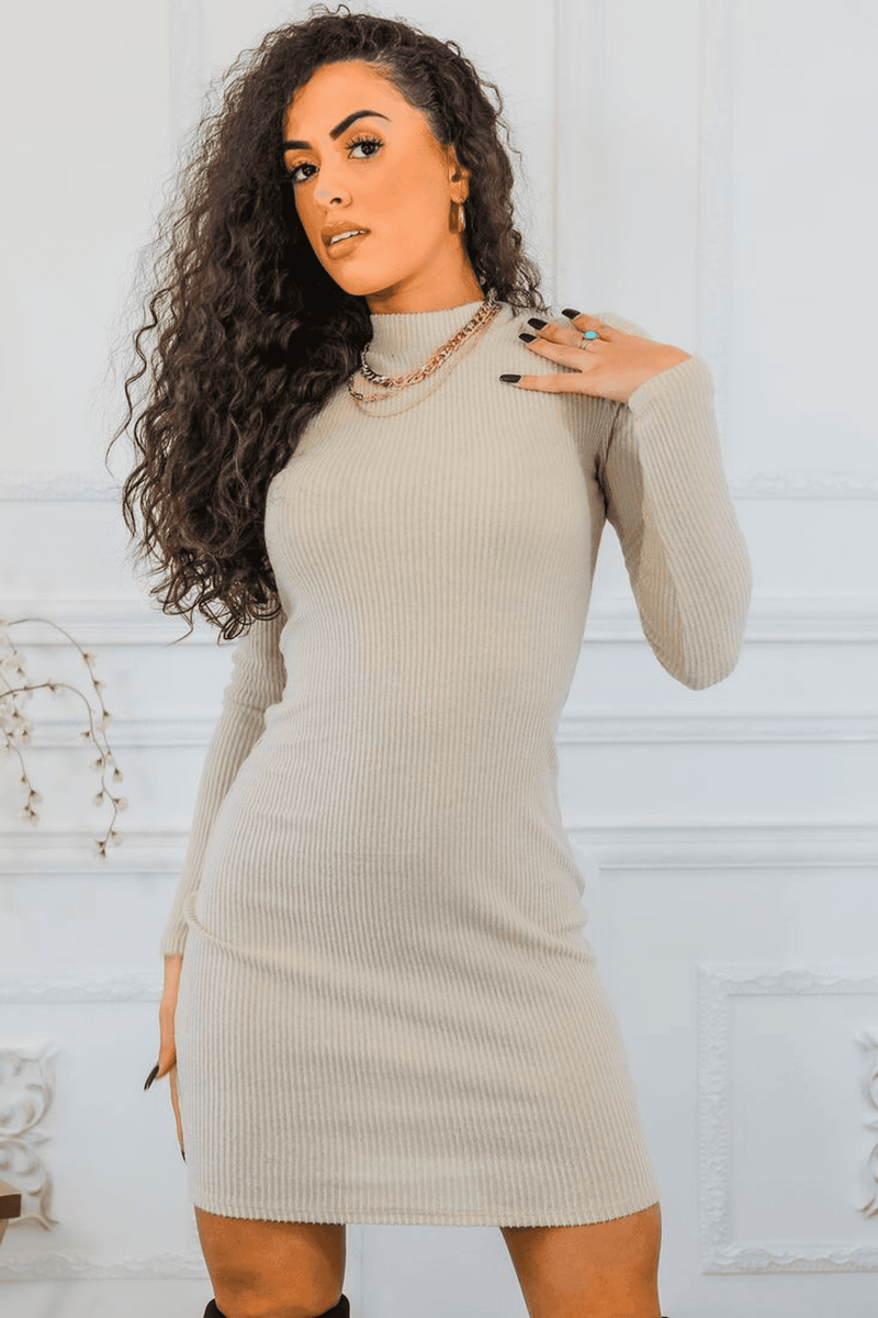 Nude ribbed mock neck mini dress with long sleeves, close-up of neckline.
