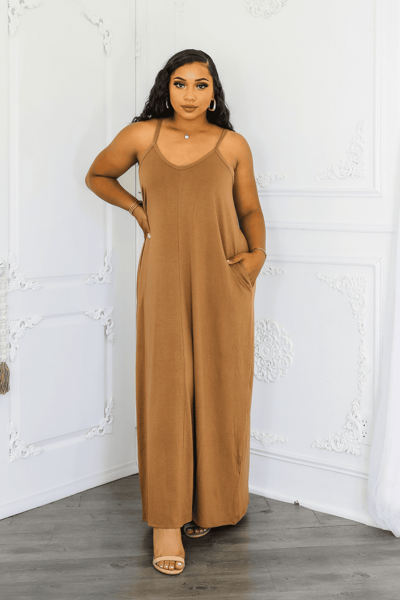 Brown sleeveless V-neck maxi dress with spaghetti straps and relaxed full-length fit