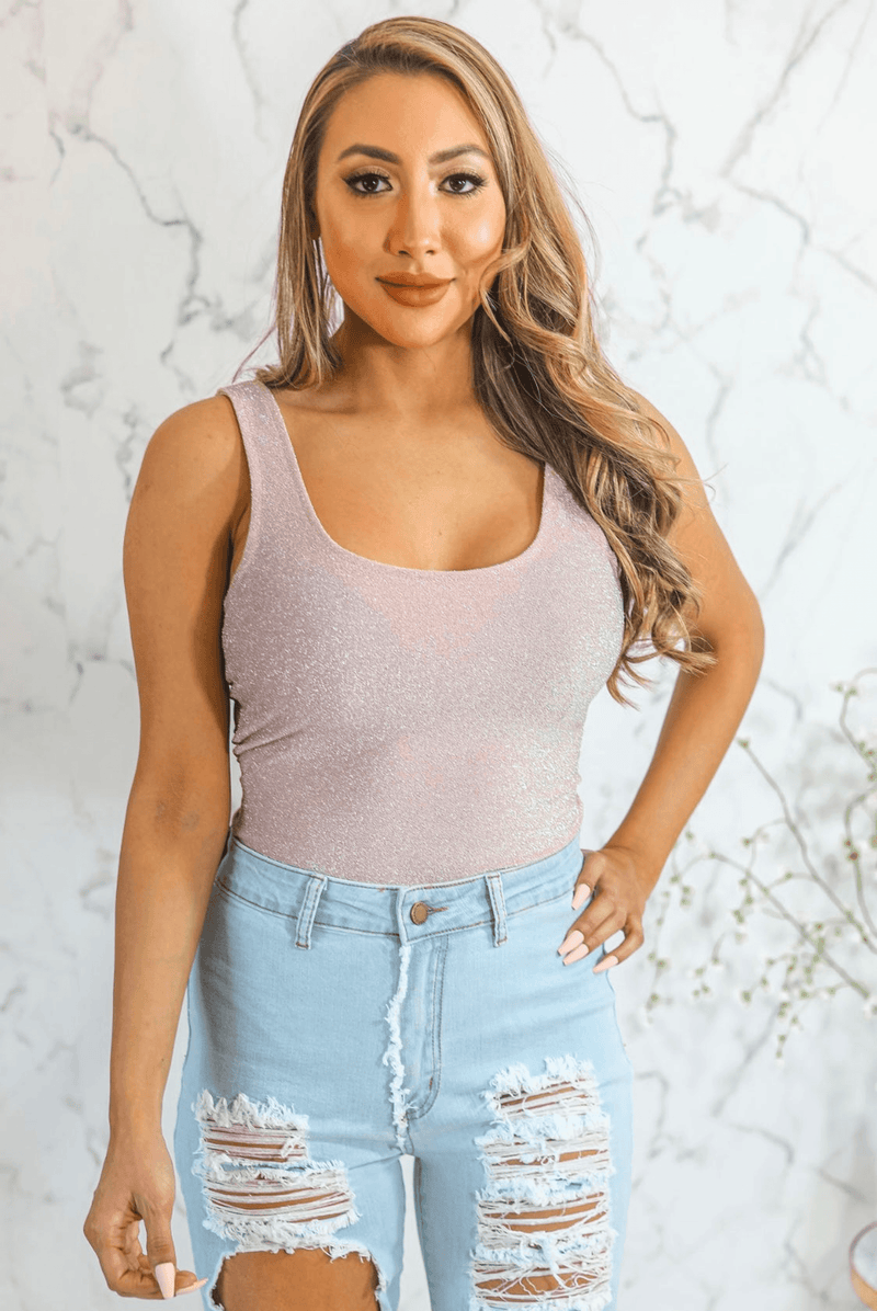 Light pink glitter bodysuit with scoop neckline and thin straps