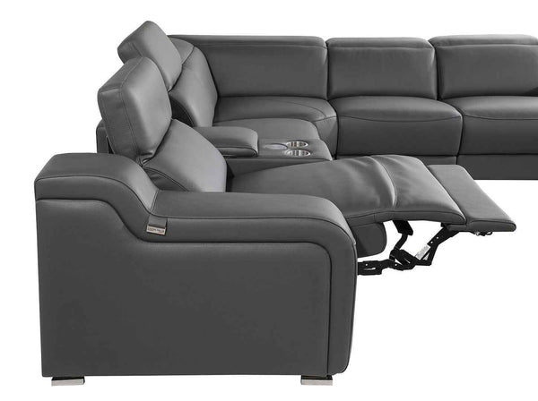 Dark Gray Italian Leather Power Reclining U Shaped Eight Piece Corner Sectional With Console