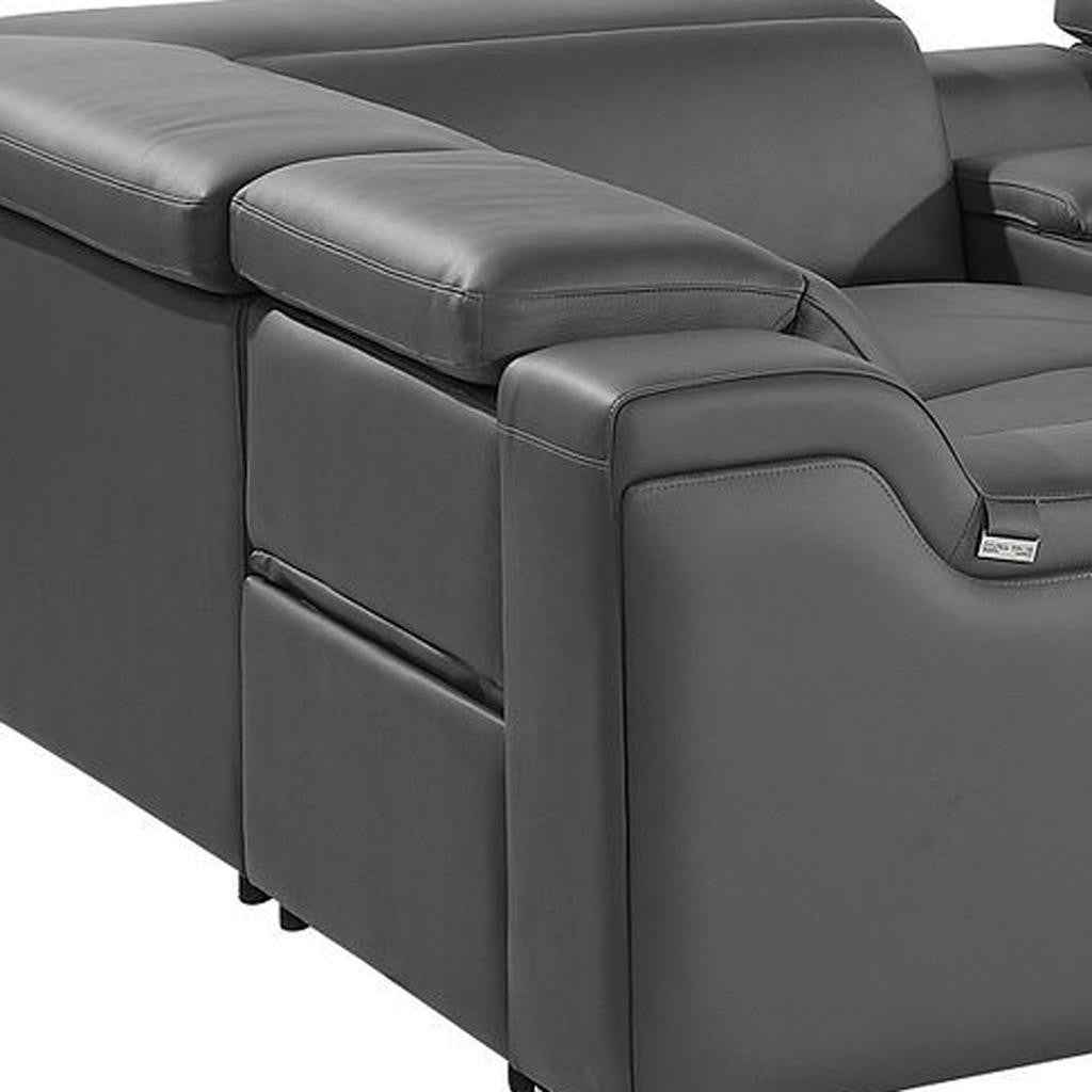 Dark Gray Italian Leather Power Reclining U Shaped Eight Piece Corner Sectional With Console