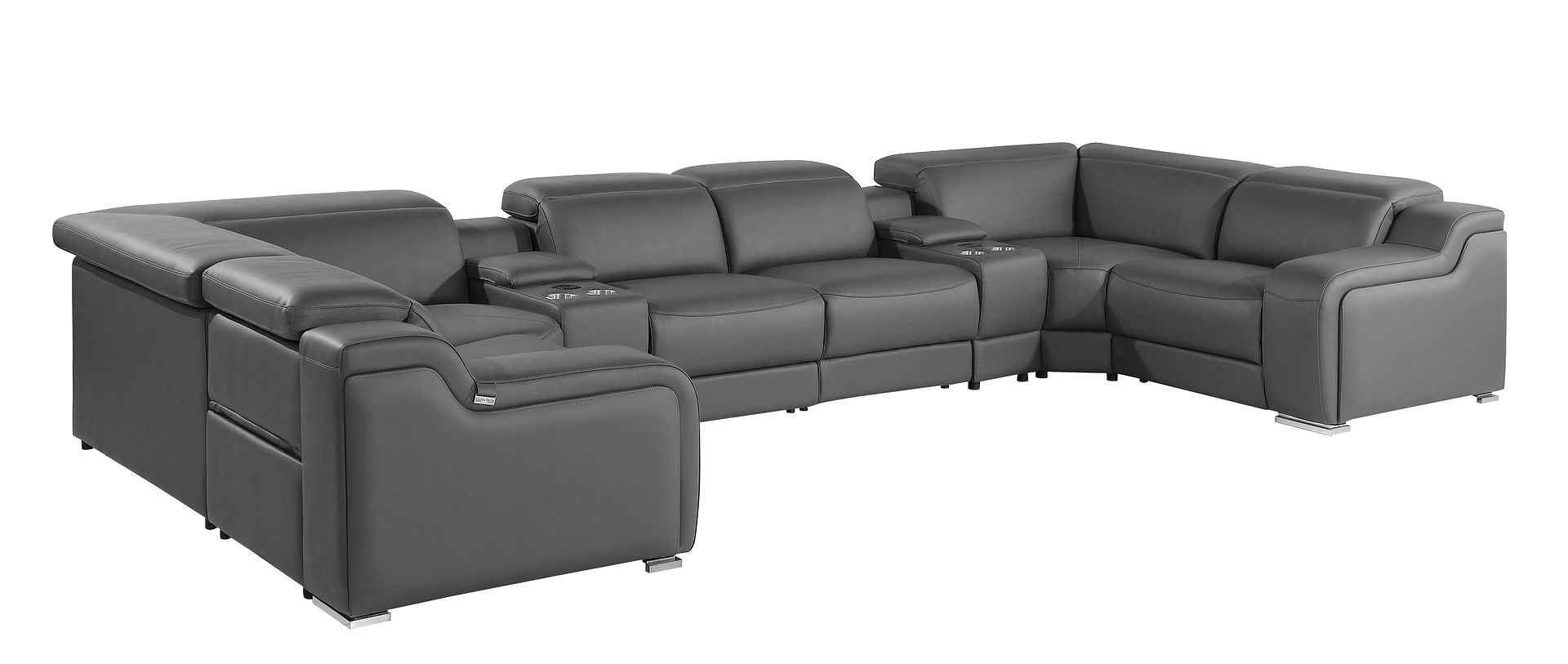 Dark Gray Italian Leather Power Reclining U Shaped Eight Piece Corner Sectional With Console