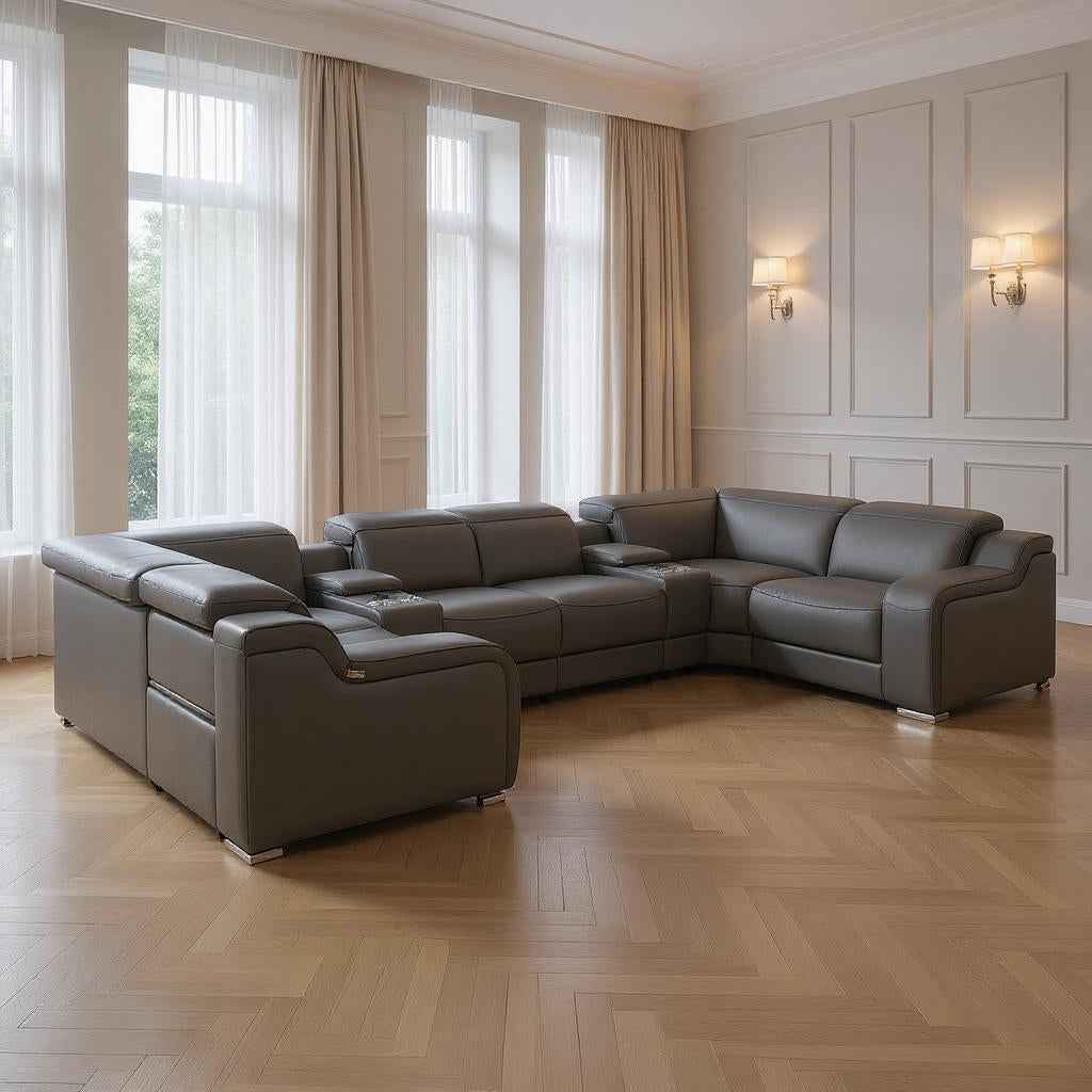 Dark Gray Italian Leather Power Reclining U Shaped Eight Piece Corner Sectional With Console