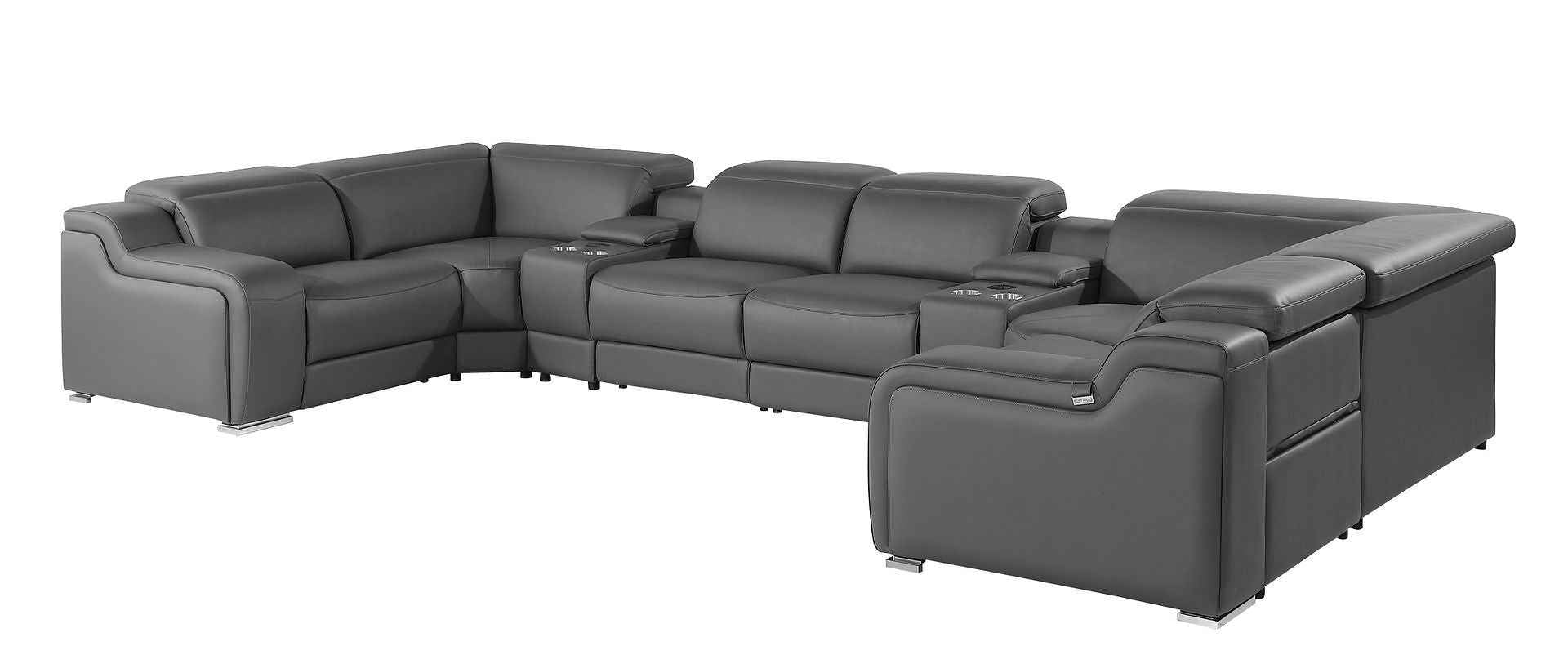 Dark Gray Italian Leather Power Reclining U Shaped Eight Piece Corner Sectional With Console