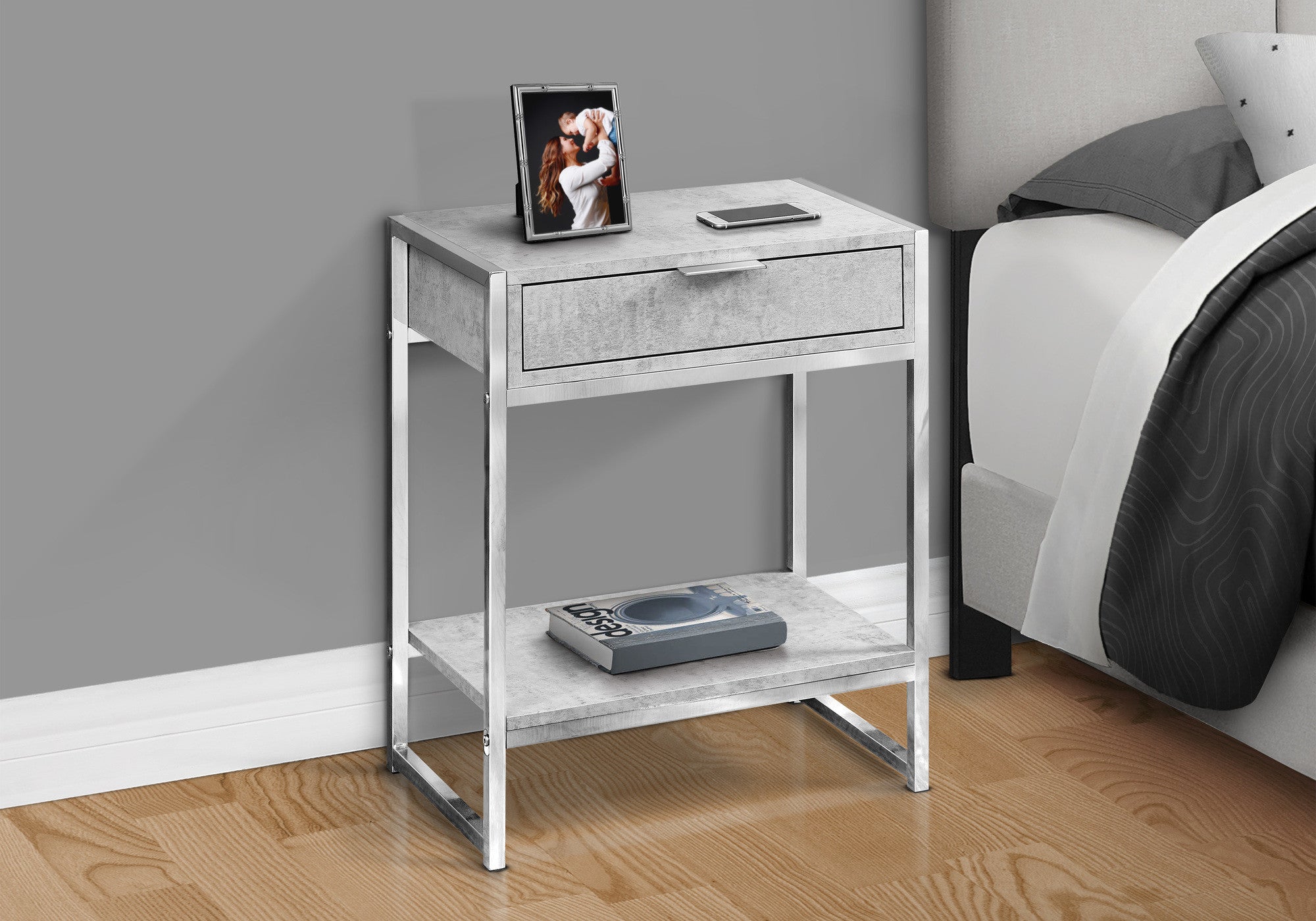 24" Silver And Gray Wood And Metal End Table With Drawer And Shelf - Living Room