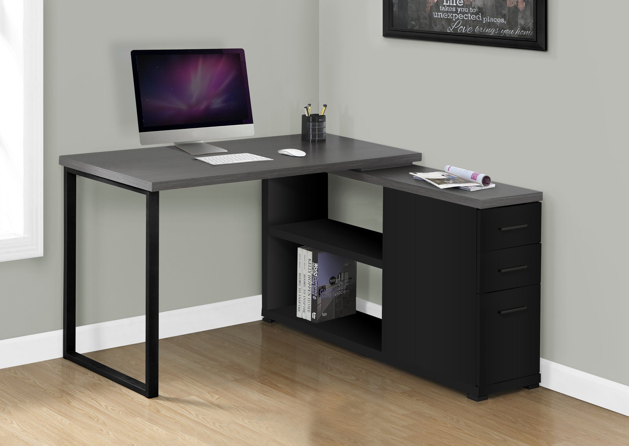 47" Gray and Black L Shape Computer Desk With Three Drawers - GreatEagleInc