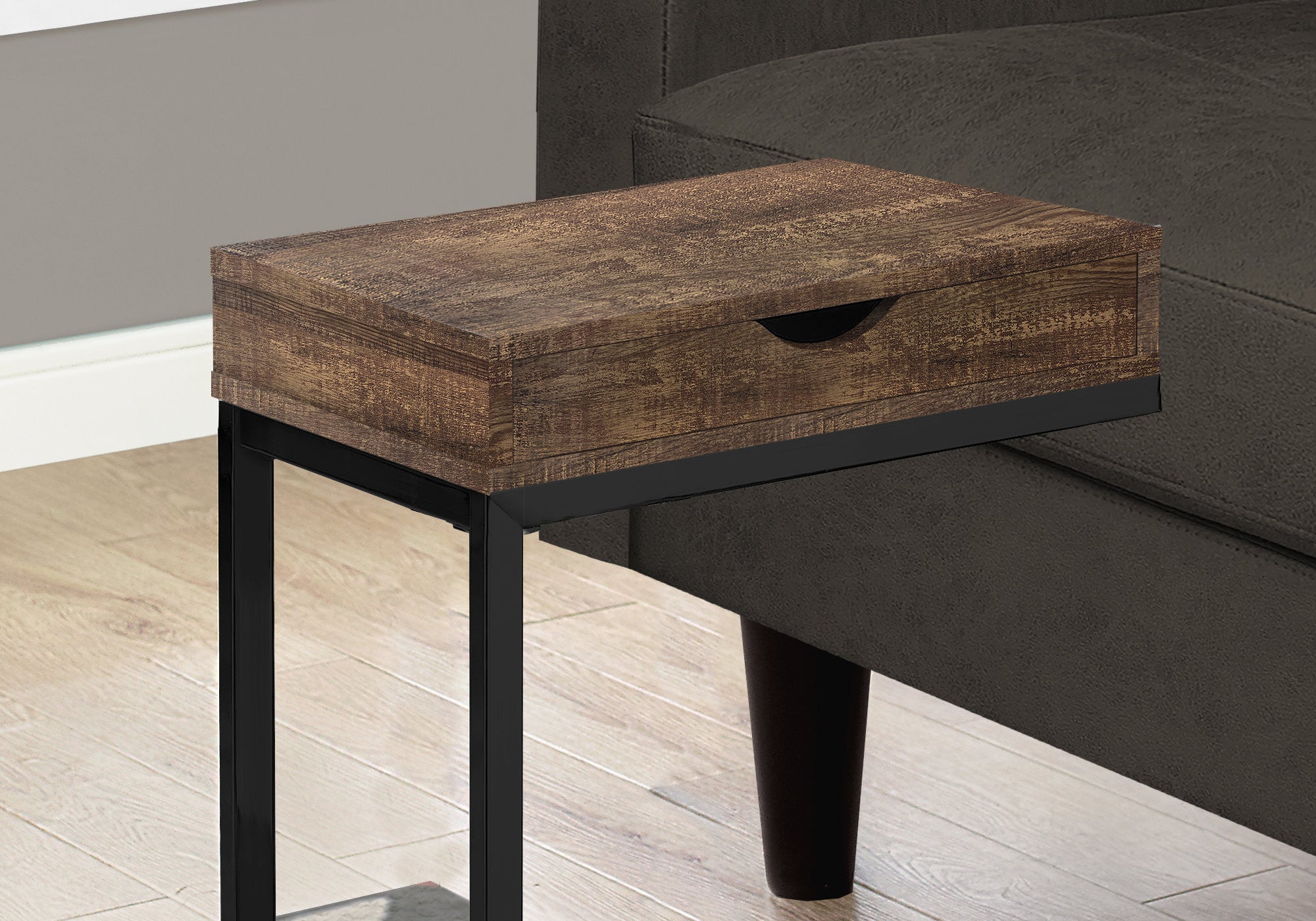 10.25" X 15.75" X 24.5" Brown Finish Drawer And Black Metal Accent Table - Living Room