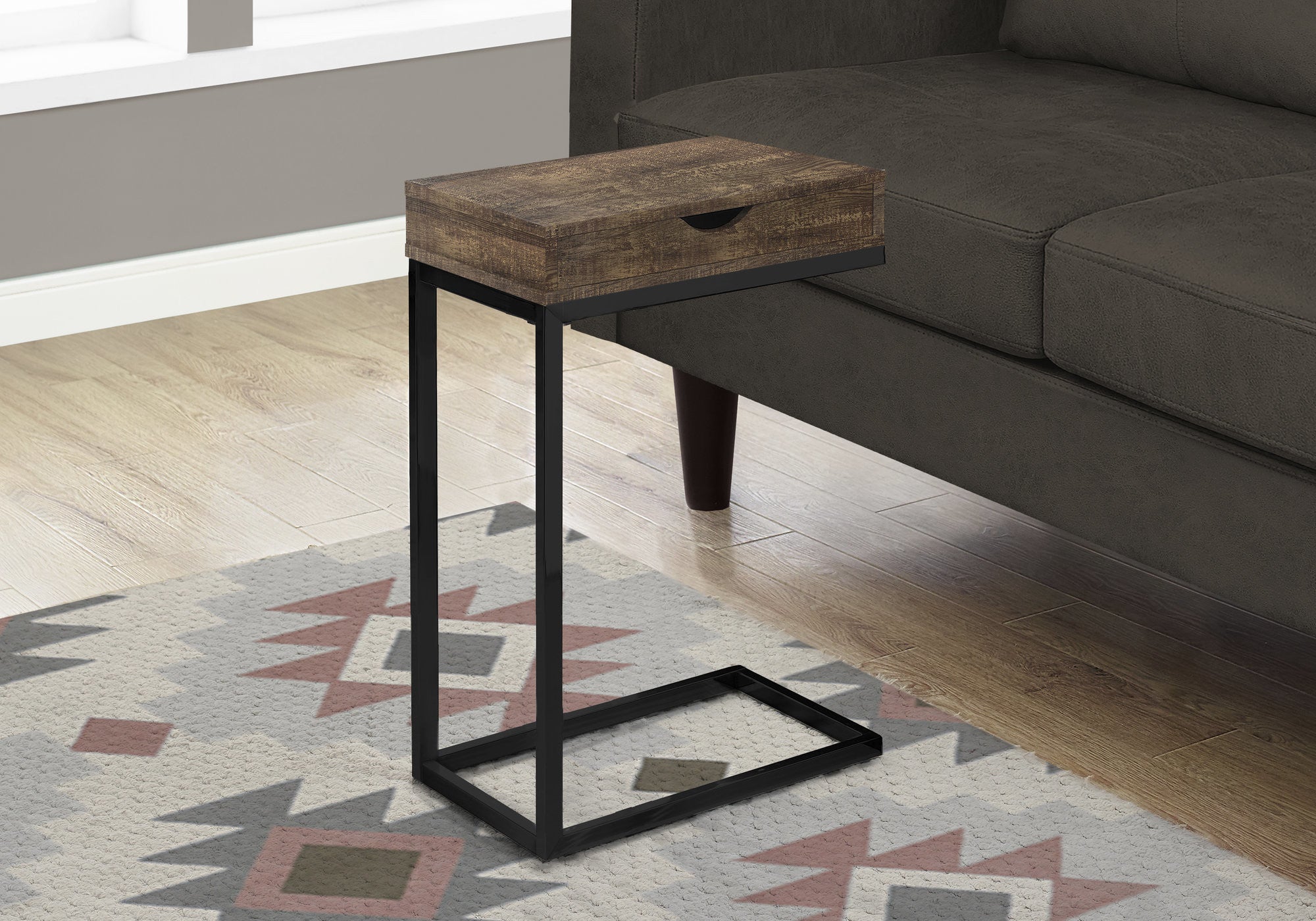 10.25" X 15.75" X 24.5" Brown Finish Drawer And Black Metal Accent Table - Living Room