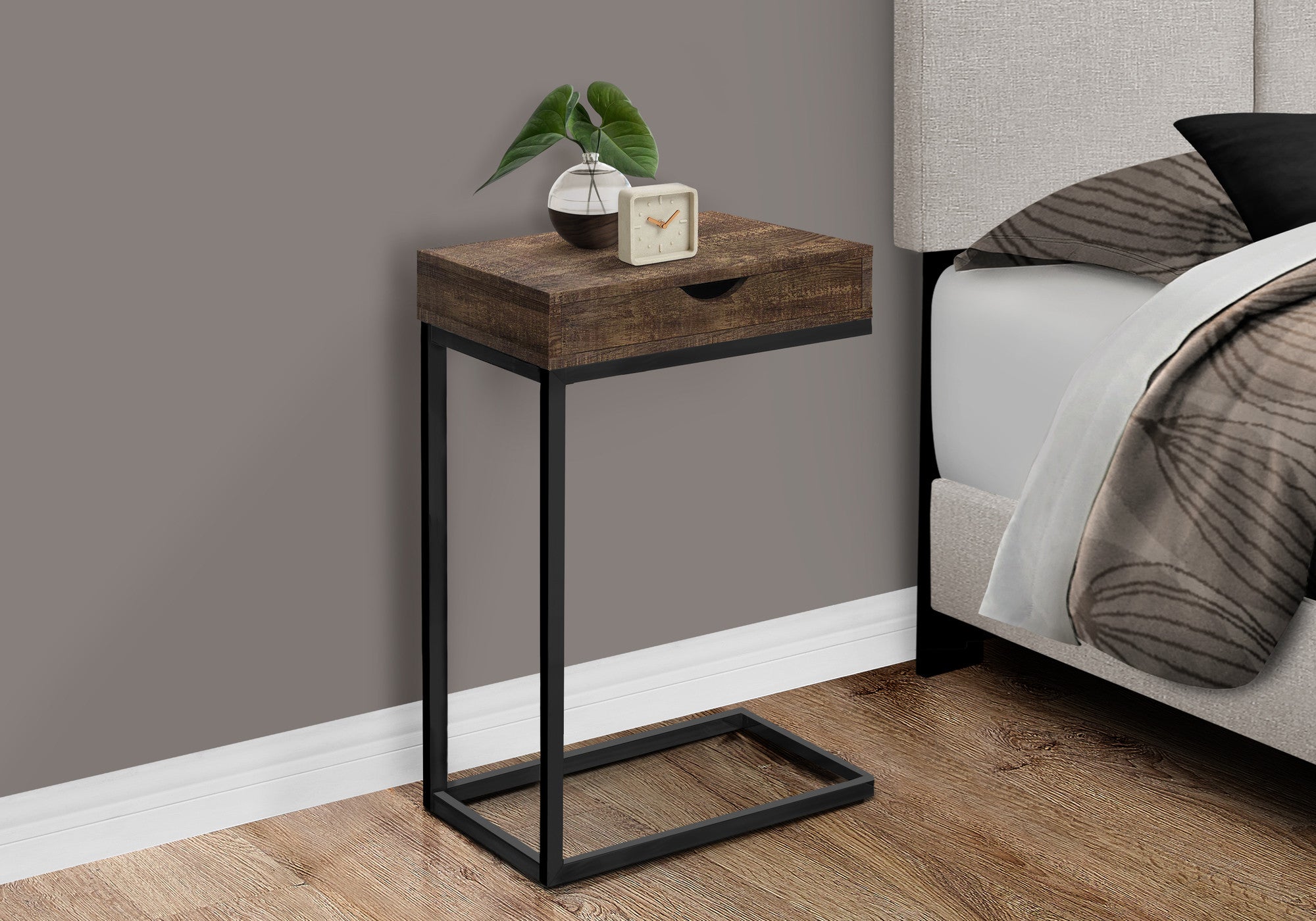 10.25" X 15.75" X 24.5" Brown Finish Drawer And Black Metal Accent Table - Living Room