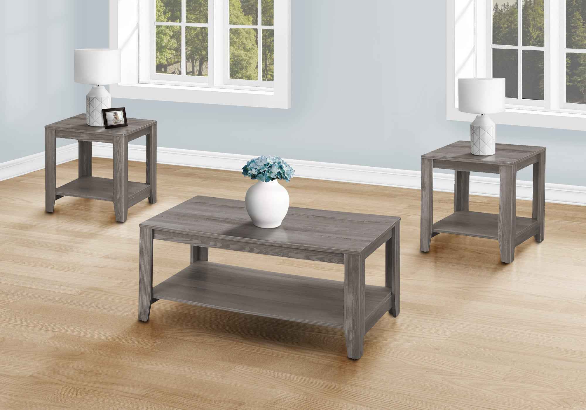 Set of Three 42" Gray Coffee Table With Shelf