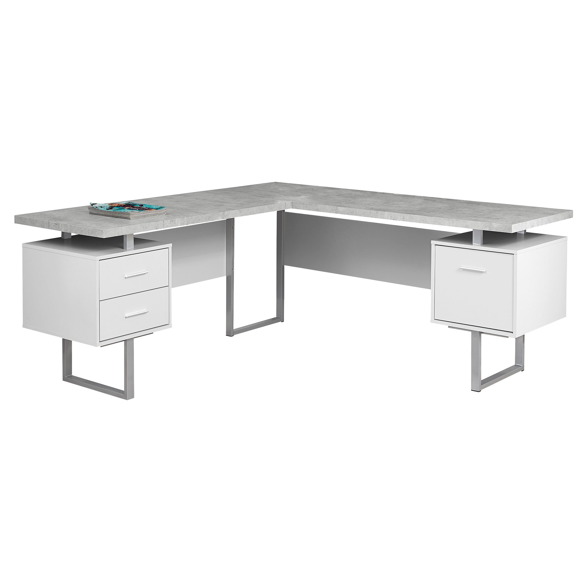 71" Gray and Silver L Shape Computer Desk With Three Drawers - Office Supplies