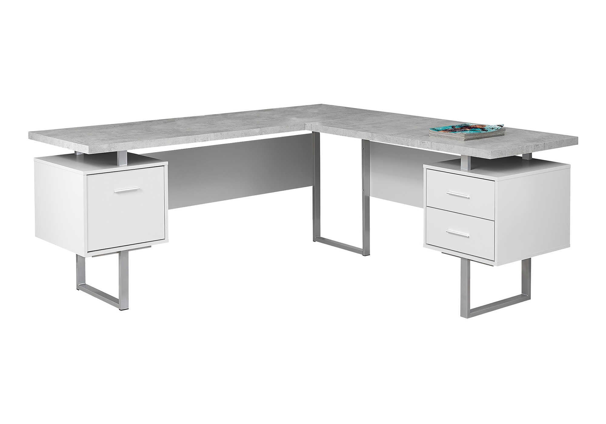71" Gray and Silver L Shape Computer Desk With Three Drawers - Office Supplies