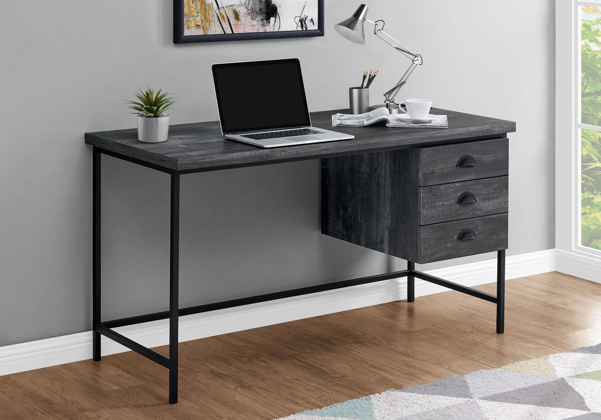 24" Gray and Black Computer Desk With Three Drawers - GreatEagleInc