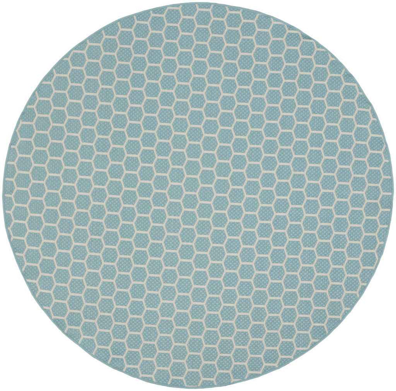 8' Aqua And Ivory Geometric Indoor Outdoor Area Rug