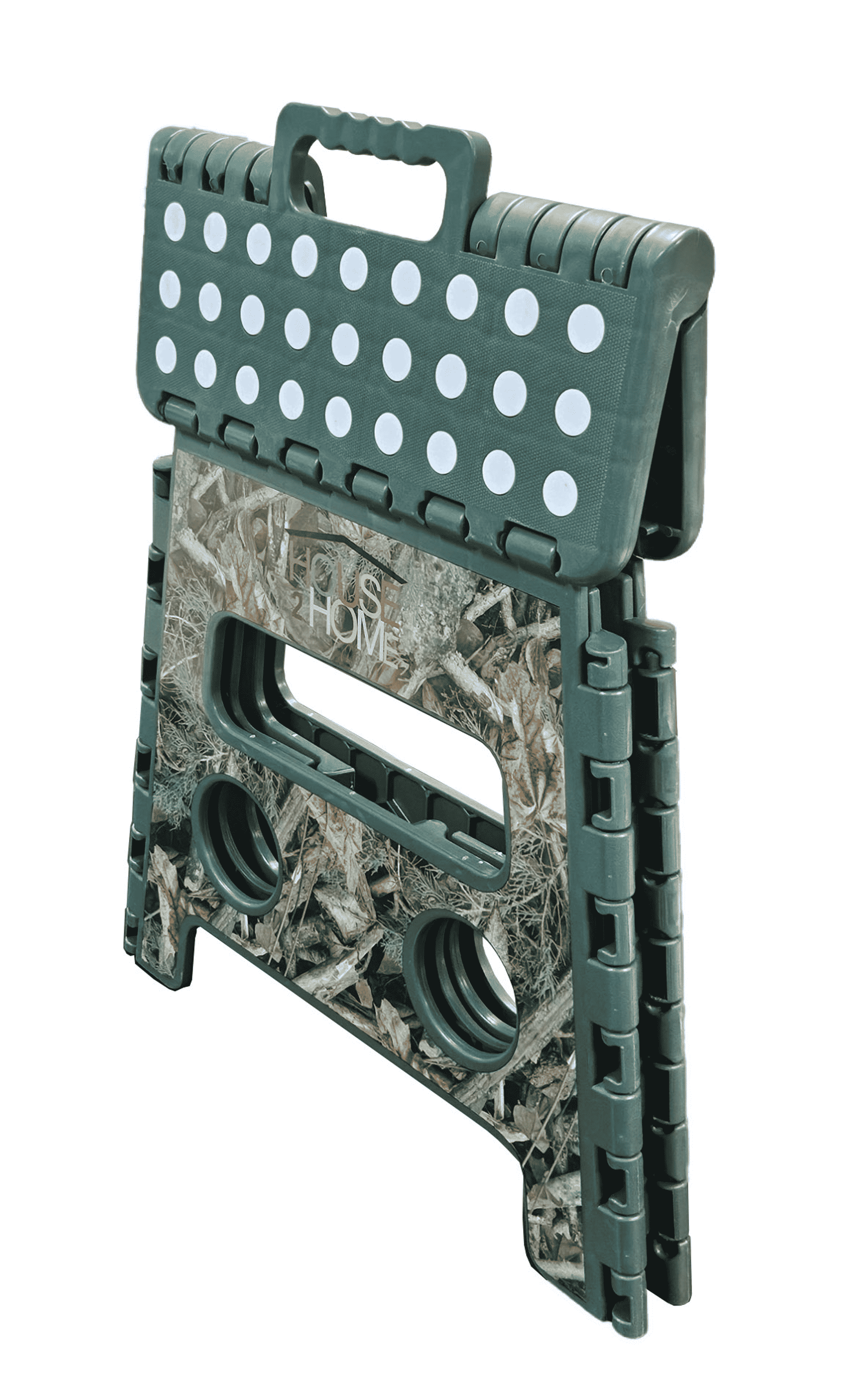 Dark green camouflage step stool with white dot pattern on top and handle