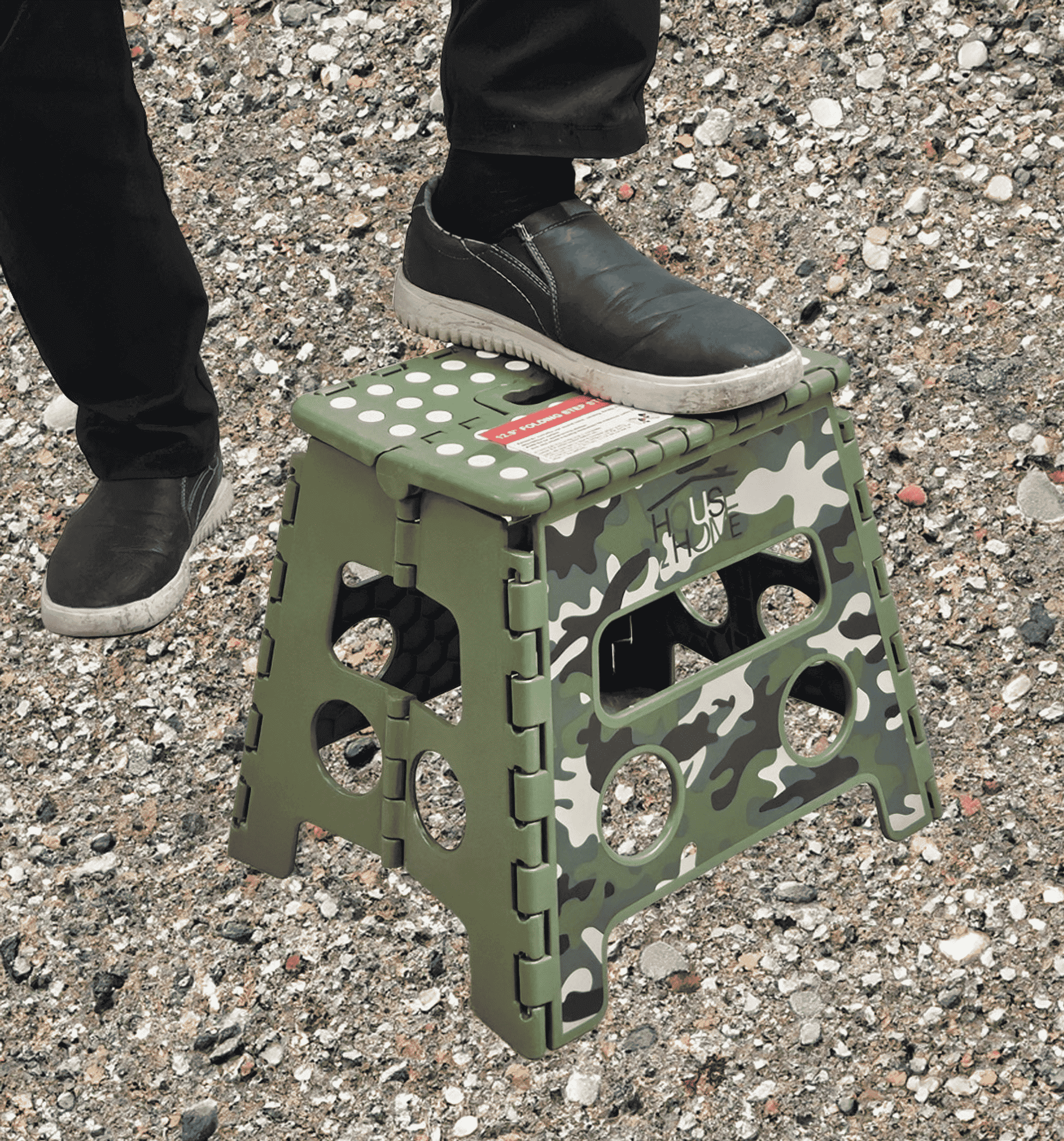 Green camouflage step stool with dot grip top and round cutout panels