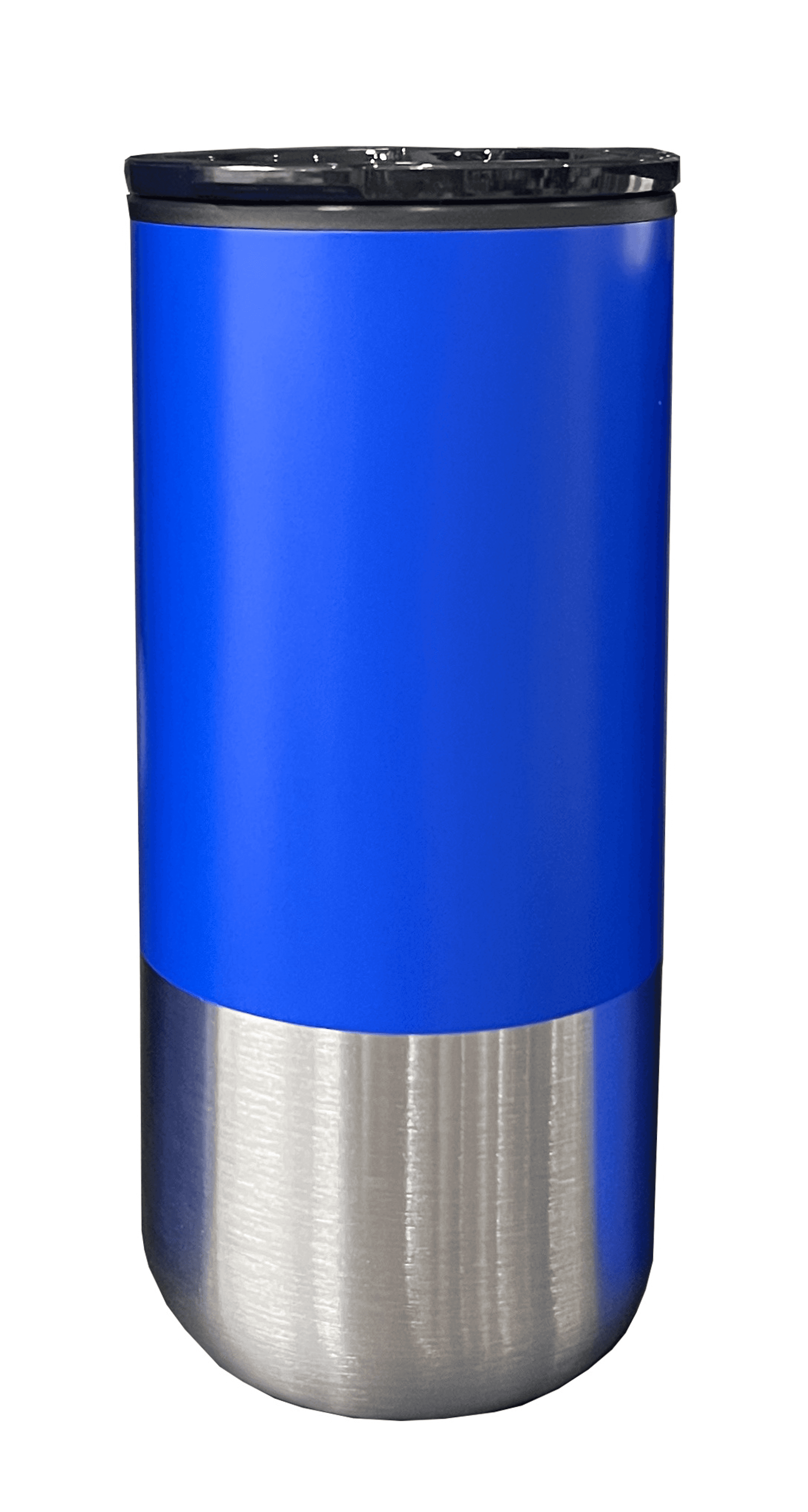 Blue stainless steel insulated mug with black lid, no straw visible