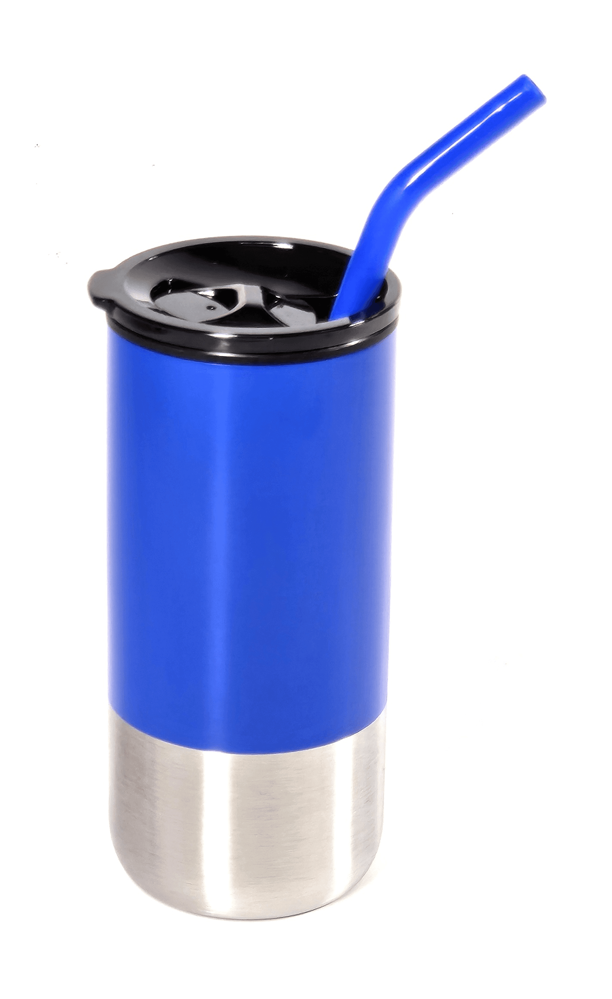 Blue stainless steel insulated tumbler with black lid and blue straw