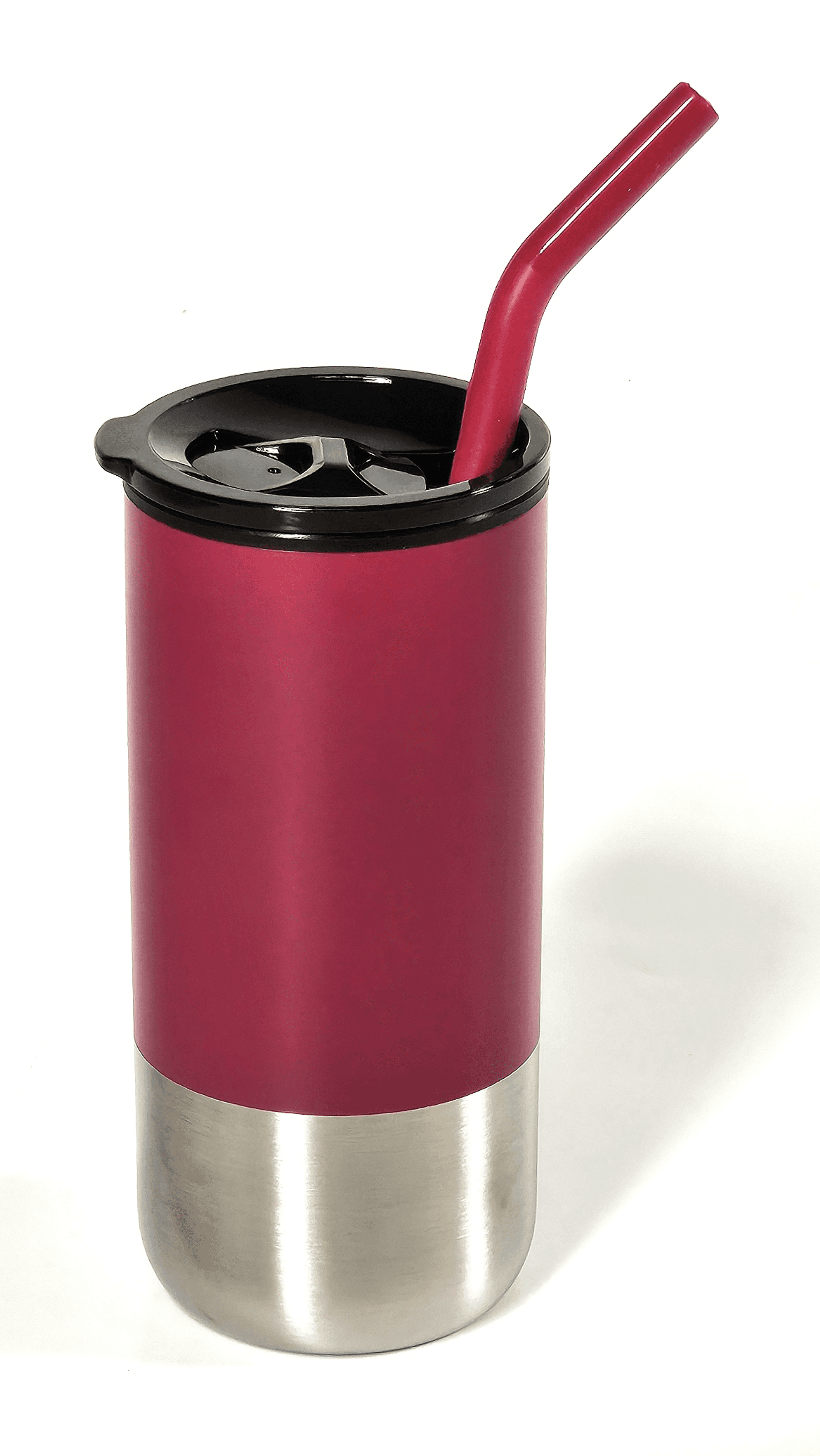 Red stainless steel insulated tumbler with black lid and red straw