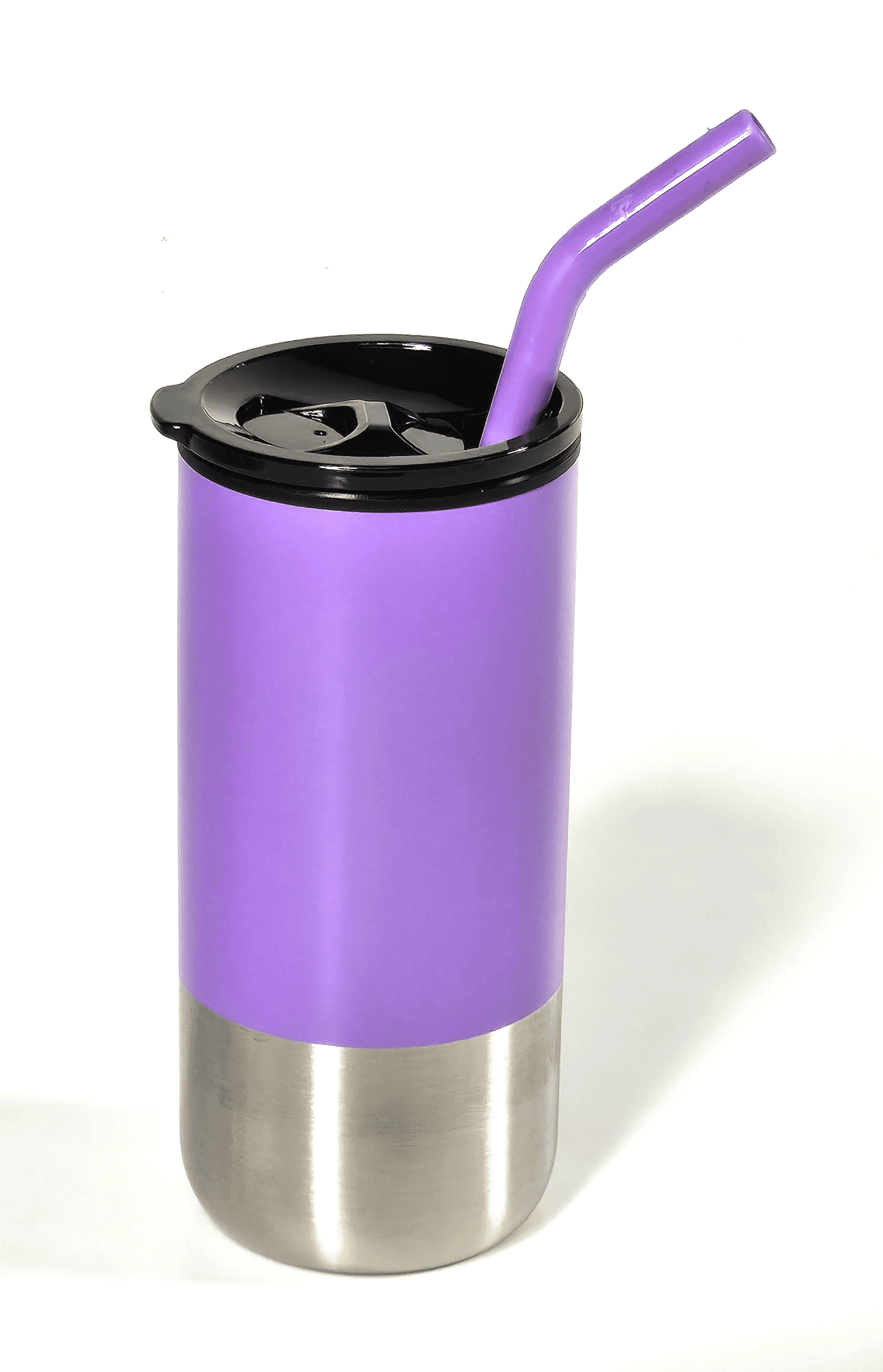 Lilac stainless steel insulated tumbler with black lid and purple straw