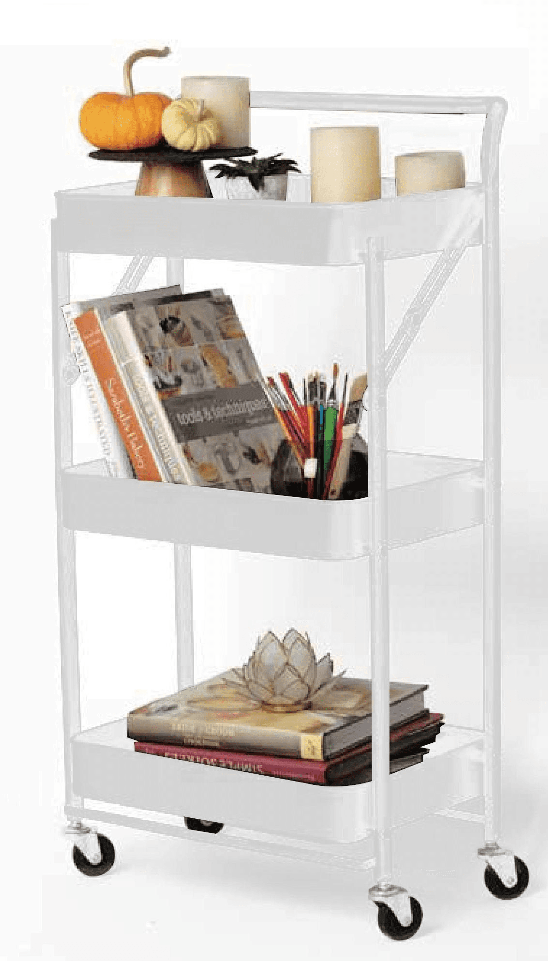 White 3-tier foldable rolling trolley with mesh shelves and caster wheels