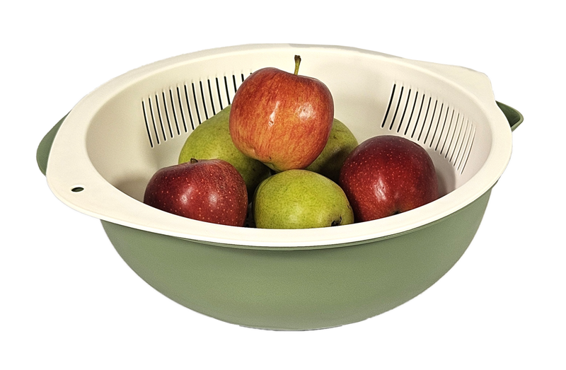 6-qt bowl and strainer set with ivory insert over sage-green bowl, apples inside