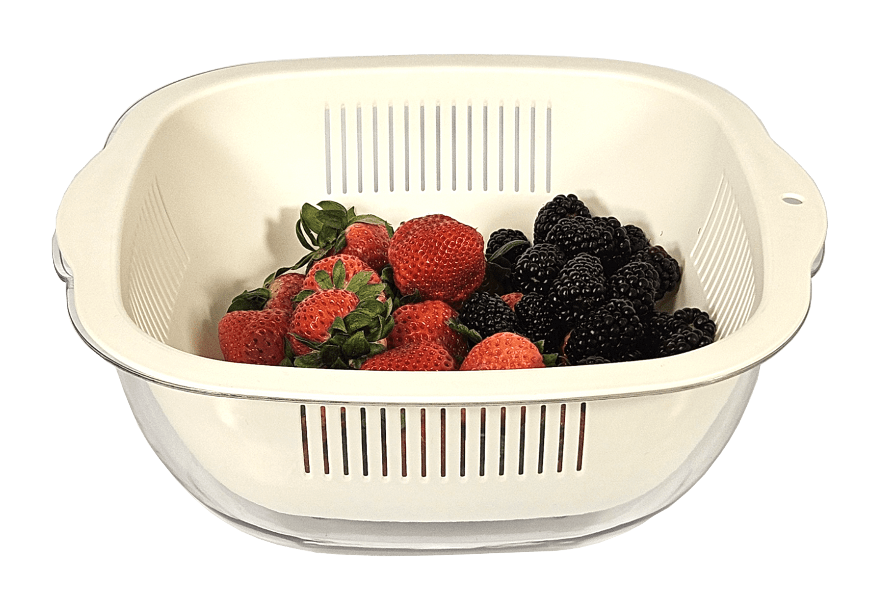 White 4.5-qt bowl with white strainer insert holding strawberries and blackberries