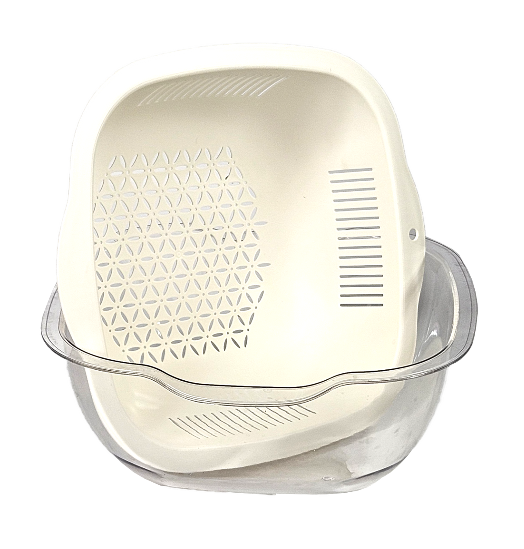 4.5-qt bowl with strainer insert, white with perforated design and snap-on lid