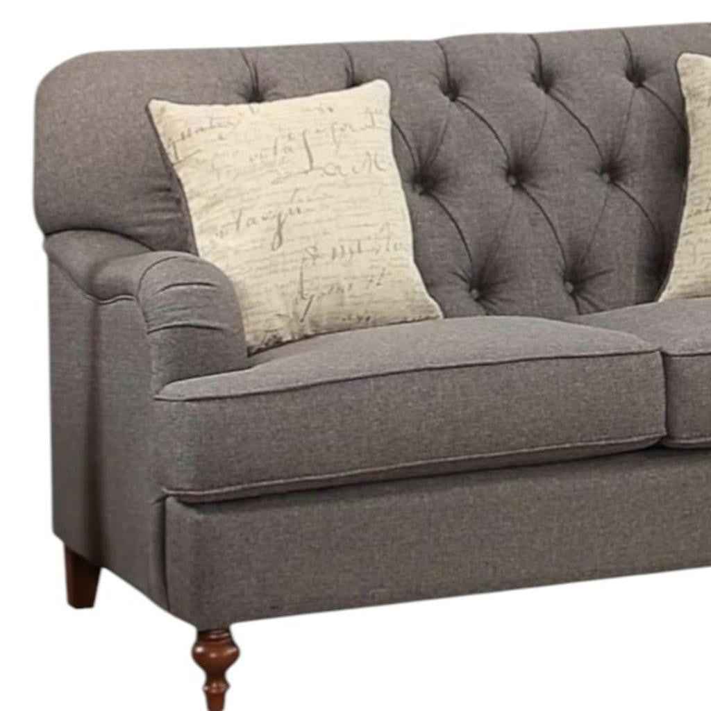 61" Dark Gray And Brown Linen Curved Loveseat and Toss Pillows