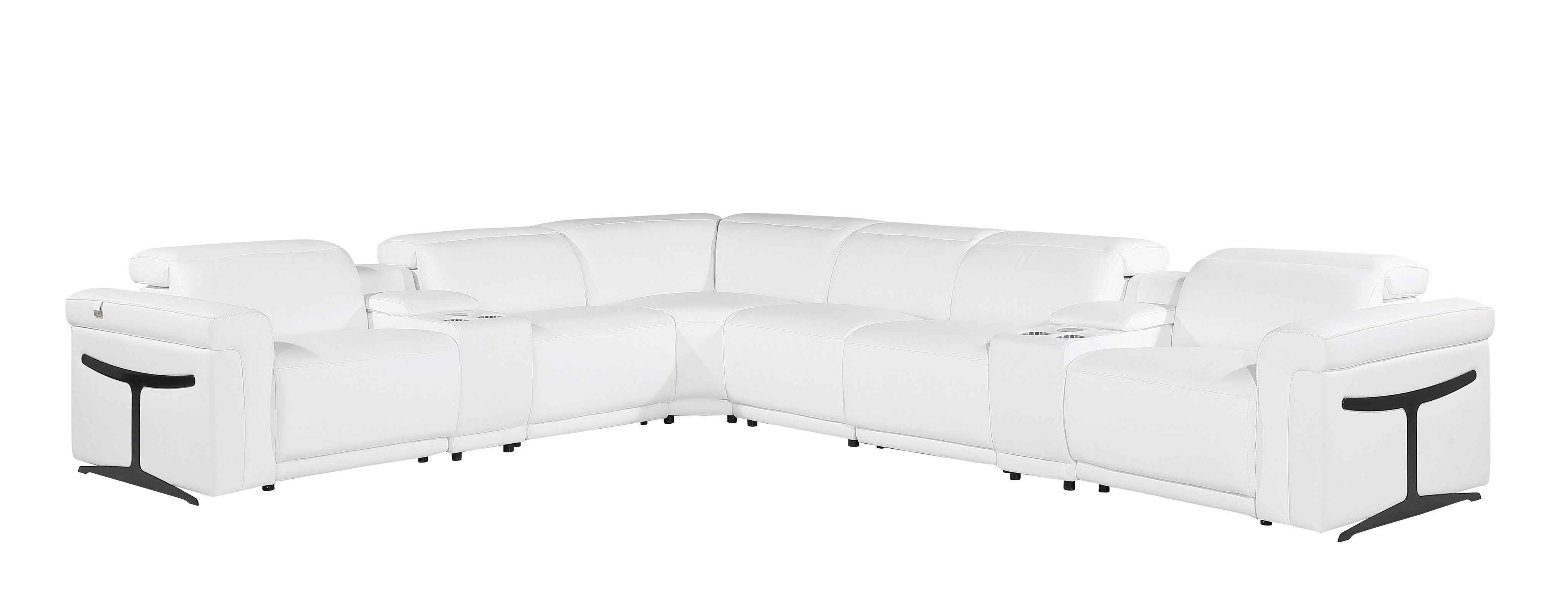 White Italian Leather Modular L Shaped Eight Piece Corner Sectional With Console