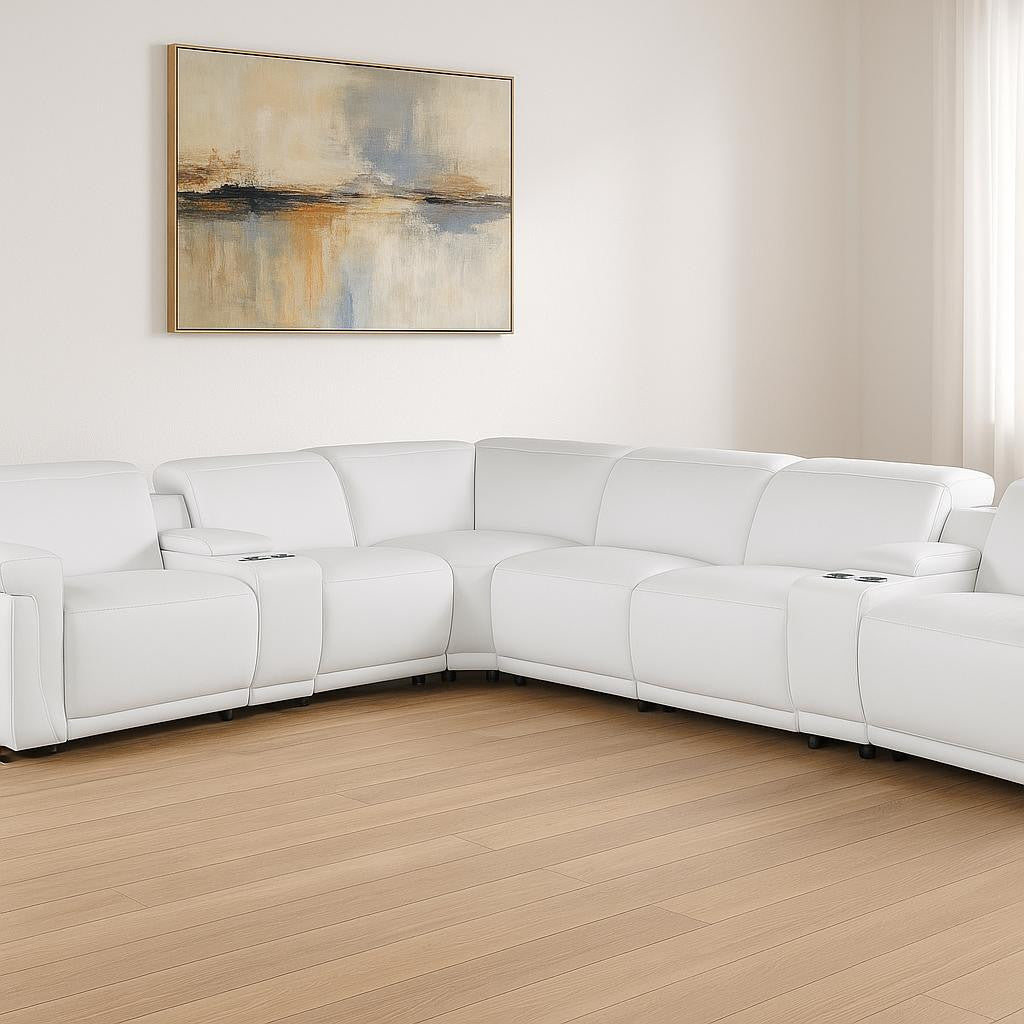 White Italian Leather Modular L Shaped Eight Piece Corner Sectional With Console