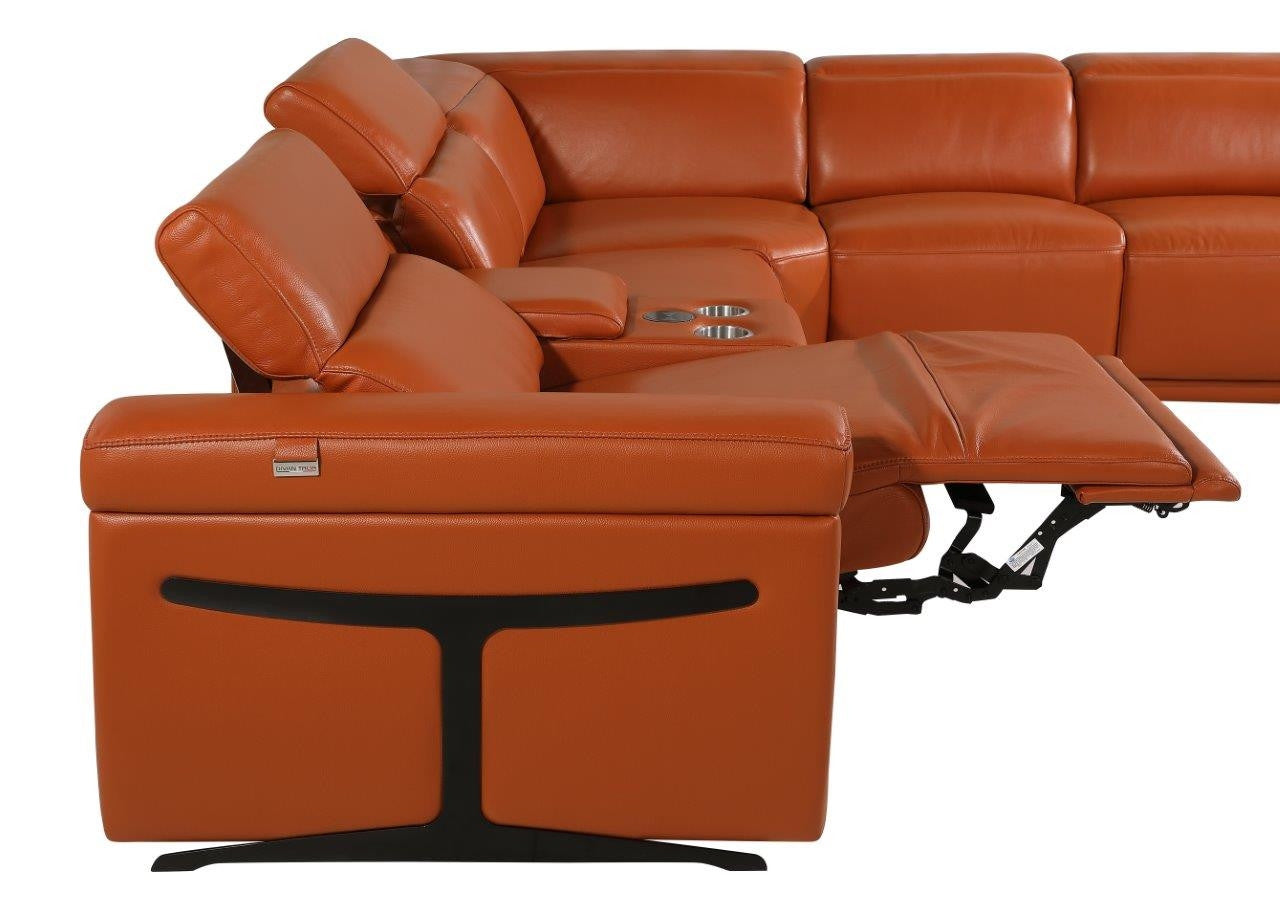 Camel Italian Leather Modular L Shaped Six Piece Corner Sectional With Console