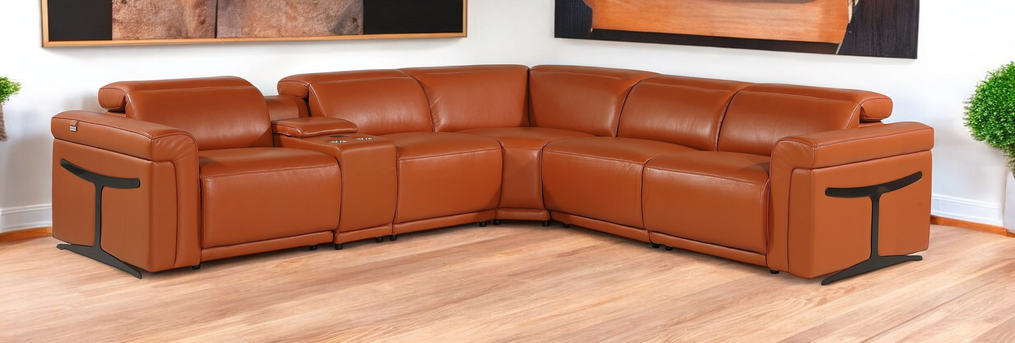 Camel Italian Leather Modular L Shaped Six Piece Corner Sectional With Console