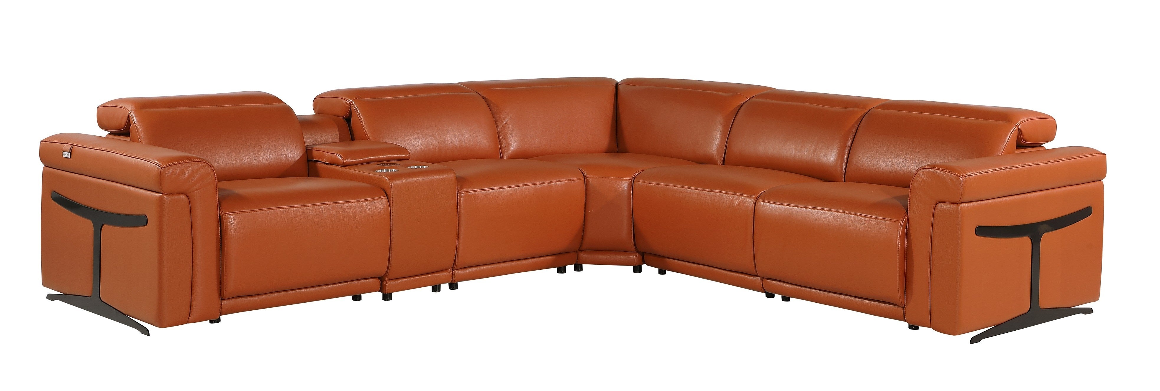 Camel Italian Leather Modular L Shaped Six Piece Corner Sectional With Console