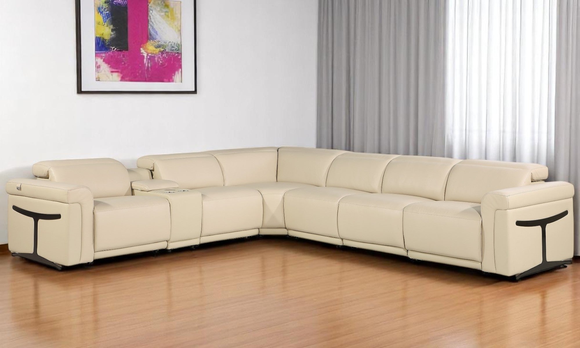 Beige Italian Leather Modular L Shaped Seven Piece Corner Sectional With Console
